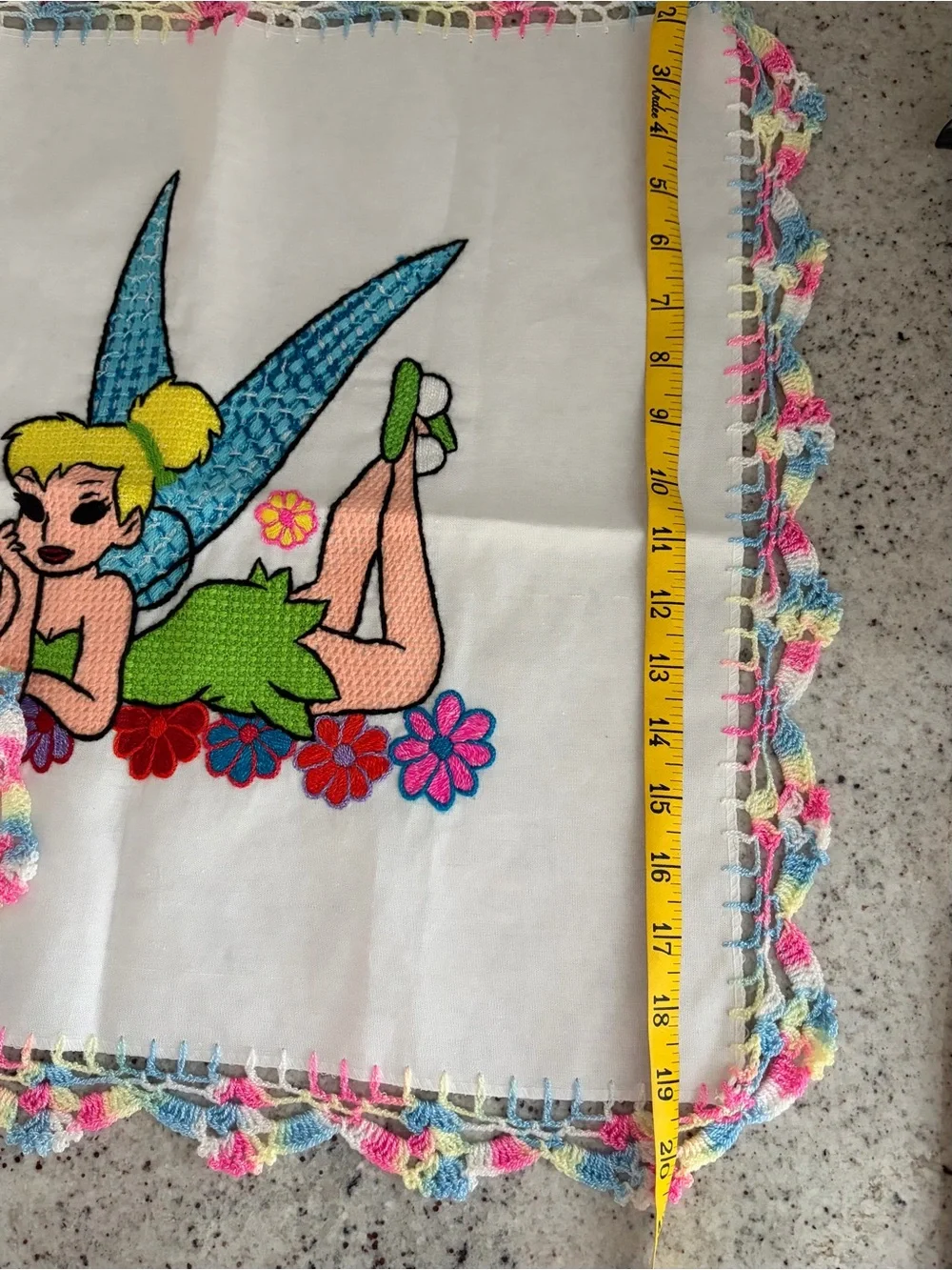VTG Tinkerbell Hand Embroidered Fairy with Colorful Crochet Edge